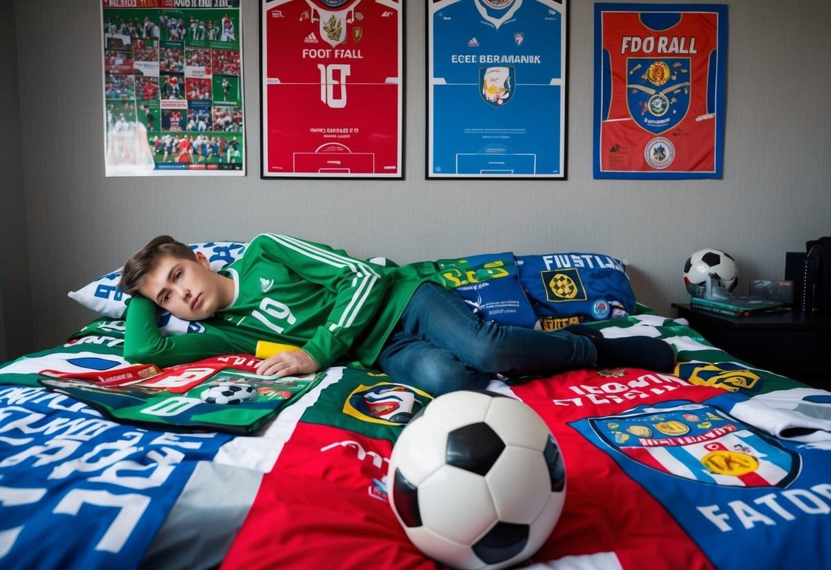 A young soccer fan lies on a bed covered in football themed bedding surrounded by posters and memorabilia of their favorite team